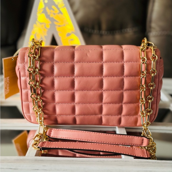 🆕 MICHAEL KORS Tribeca Large Quilted Leather Shoulder Bag In Sunset Rose… - Picture 5 of 10